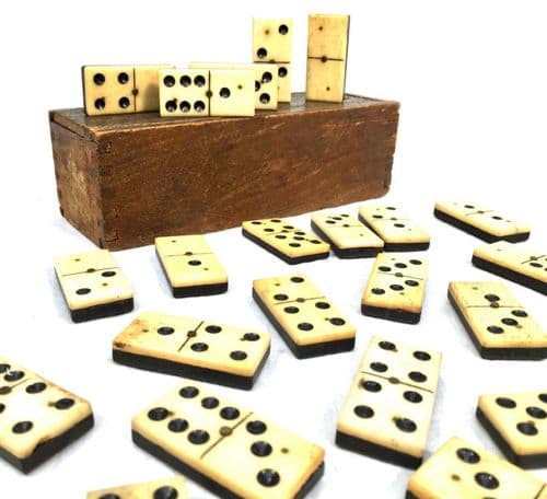 Antique Complete Set of Bone and Ebony Dominos in Wooden Travel Box / Case - 224566890362